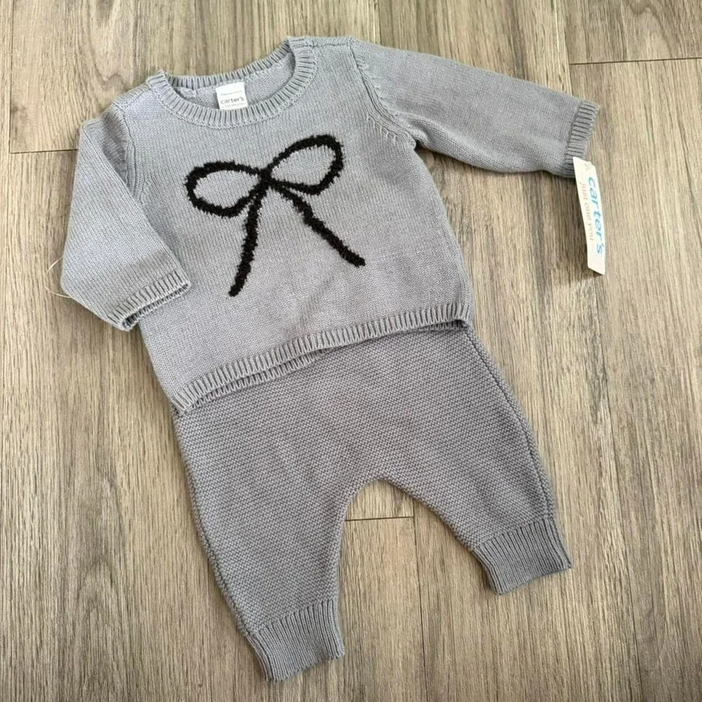 Gray Baby Girl Knit Carter's Sweater Pants Set Bow Design Size 3 Months NWT